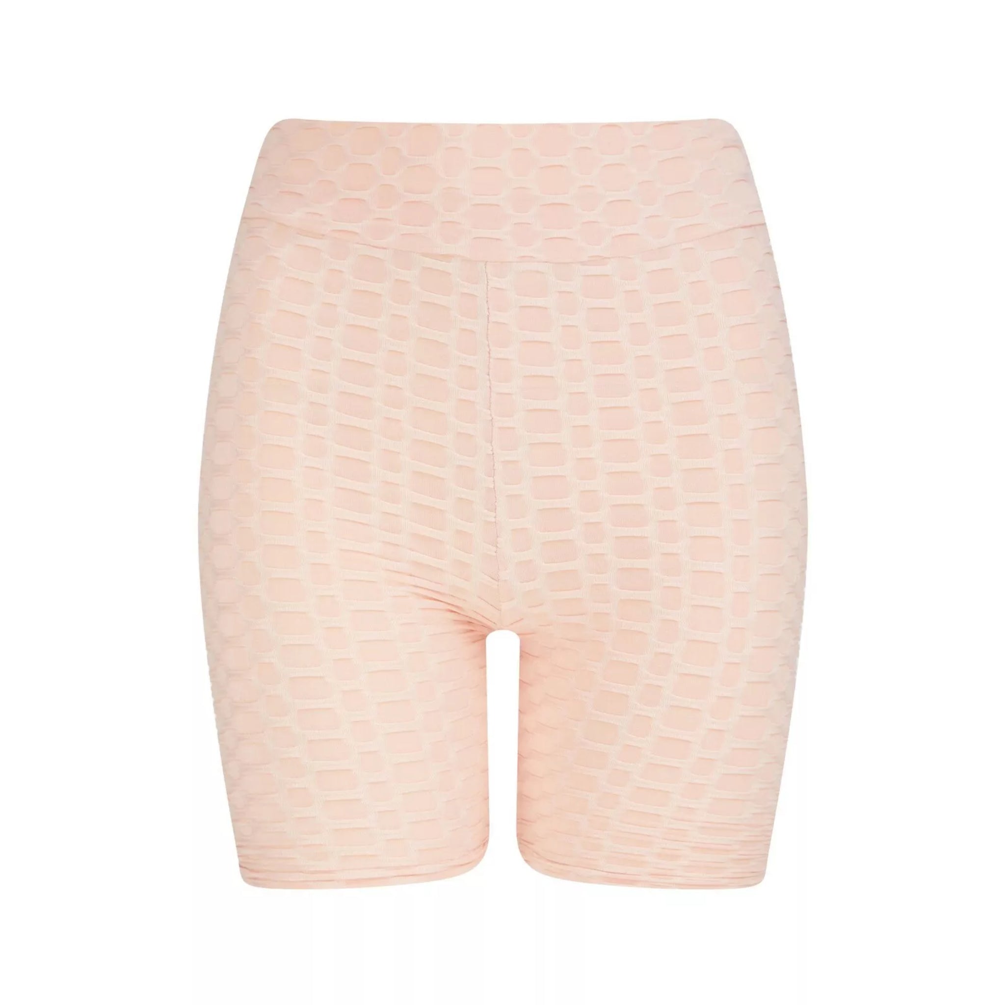 Ladies' high-waisted pink TikTok shorts with textured ruched design – figure-hugging slimming gym and workout shorts